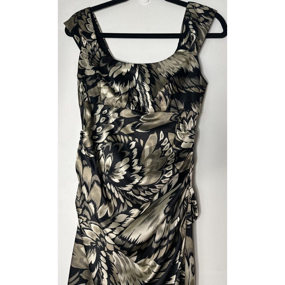 London Times Dress 6 Black Gold Satin Sheen Ruched Faux Wrap Evening Cocktail